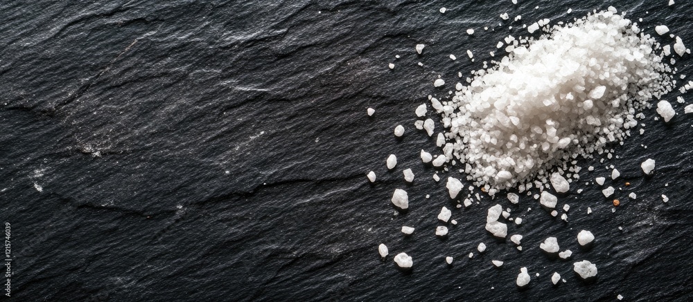 Poster white sea salt scattered on a dark textured surface with ample empty space for text or design elemen