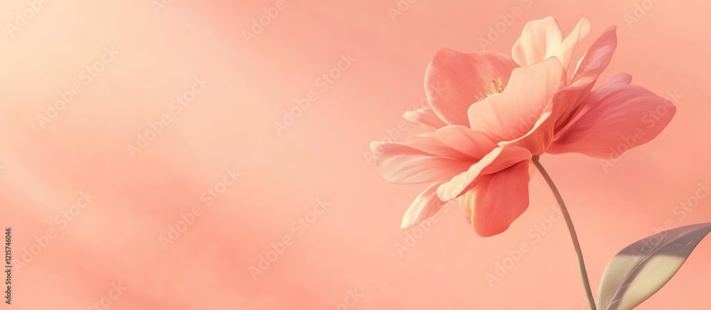 Poster delicate pink flower on a soft pastel background featuring ample copyspace for text and design eleme