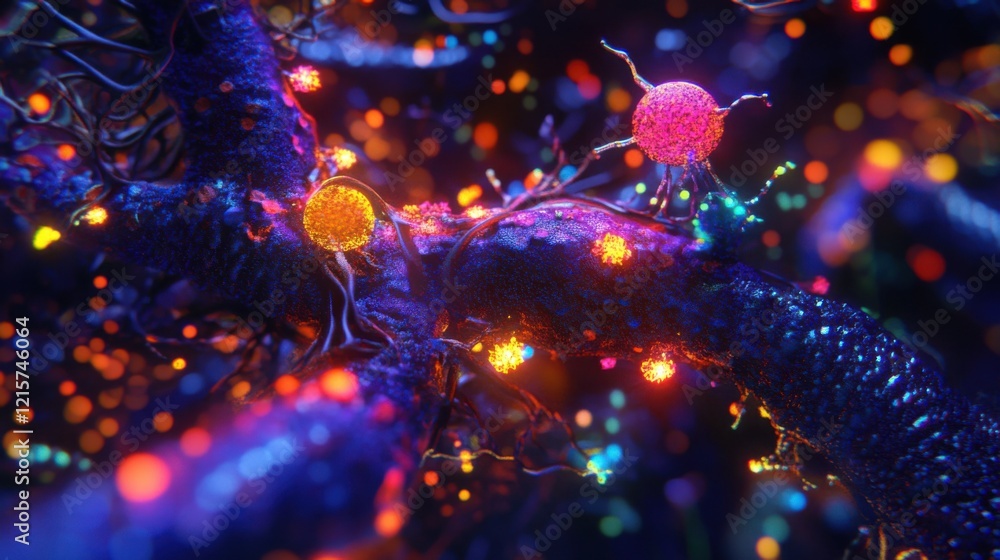 Poster vibrant abstract representation of neural connections with luminous particles and colorful lights cr