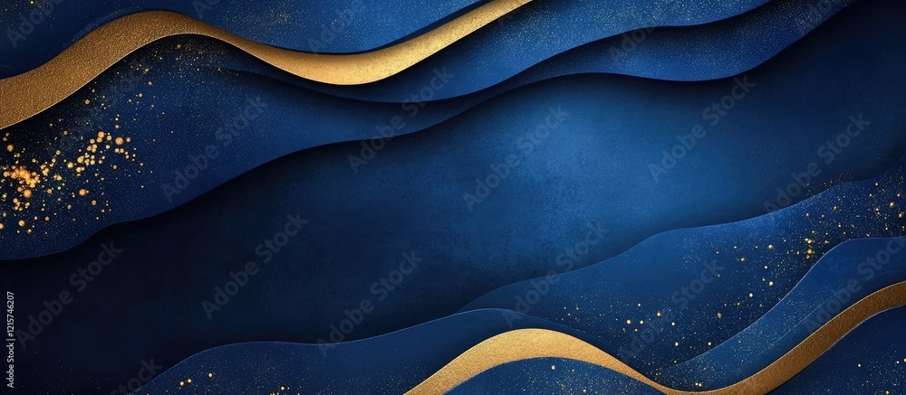 Poster abstract dark blue and gold minimalistic background with wavy design and ample space for text or cre
