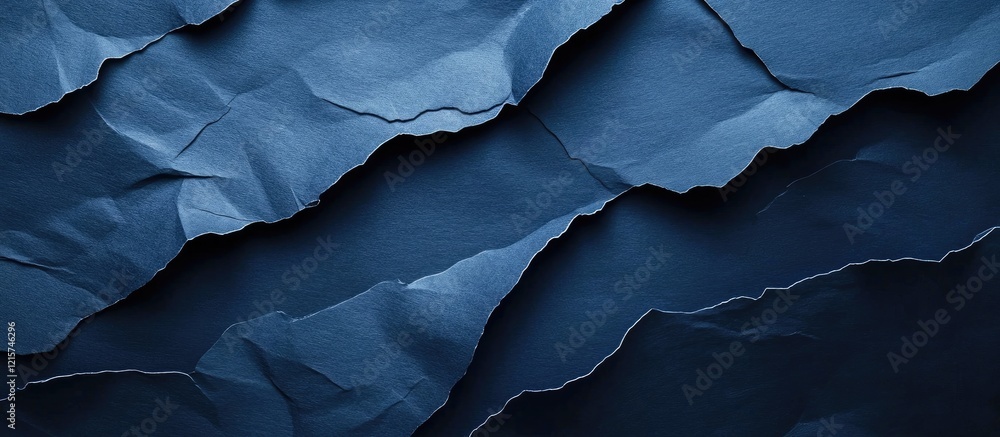 Poster textured navy blue crumpled paper background with shadows and ample copyspace for design projects or