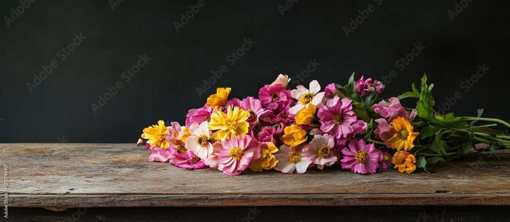 Poster a vibrant bouquet of pink and yellow flowers arranged on a rustic table with ample copyspace for you