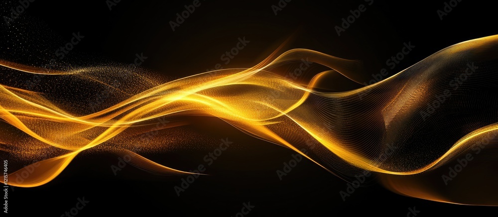 Poster golden abstract light trails on dark background with fluid motion and space for text placement