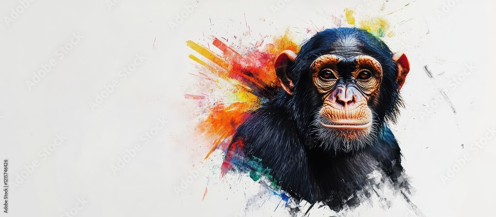 Poster vibrant abstract chimpanzee portrait with colorful splash and blank space for text in modern art sty