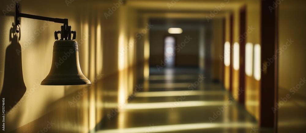 Poster bell hanging in a corridor casting shadows with warm lighting and empty space for text in a quiet bu