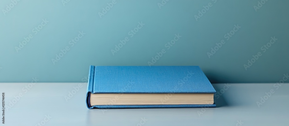 Poster blue hardcover book on a clean neutral background with ample empty space for text or graphic overlay