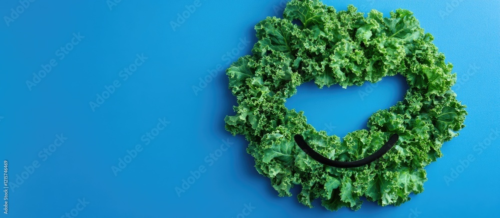 Poster abstract kale smiley face design on vibrant blue background featuring ample empty space for text and