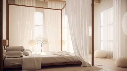 A minimalist bedroom featuring a sleek bed with white bedding, floating wooden shelves