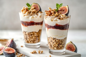 Delicious Fig and Yogurt Parfait with Granola and Walnuts: A Healthy and Exquisite Dessert