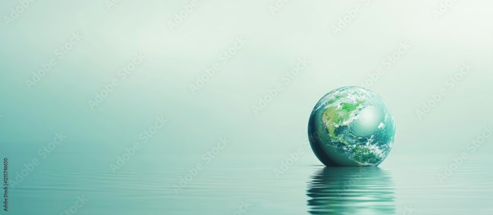 Poster abstract globe of earth floating in serene water with a tranquil atmosphere and ample copyspace for 