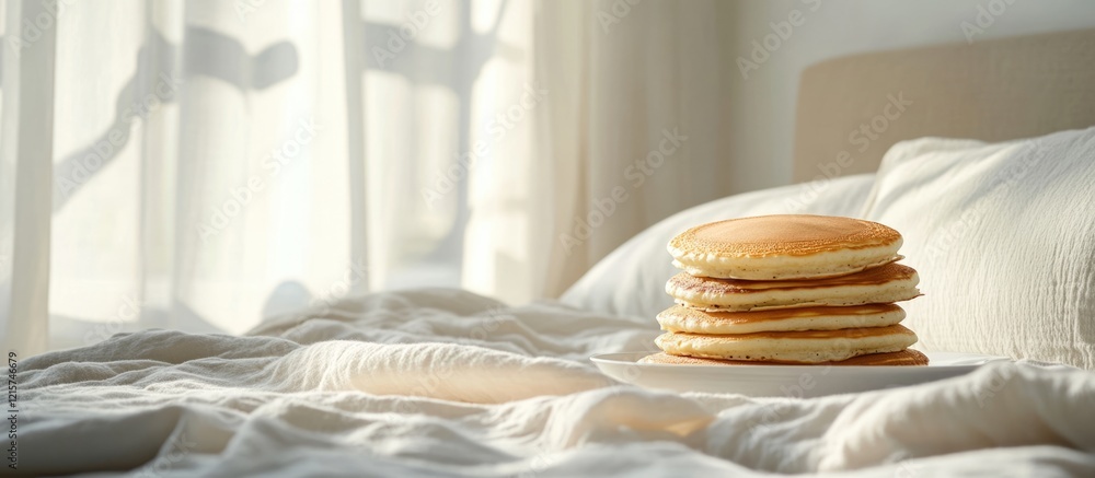 Poster cozy bedroom setting featuring a tempting stack of pancakes with ample empty space for text or brand