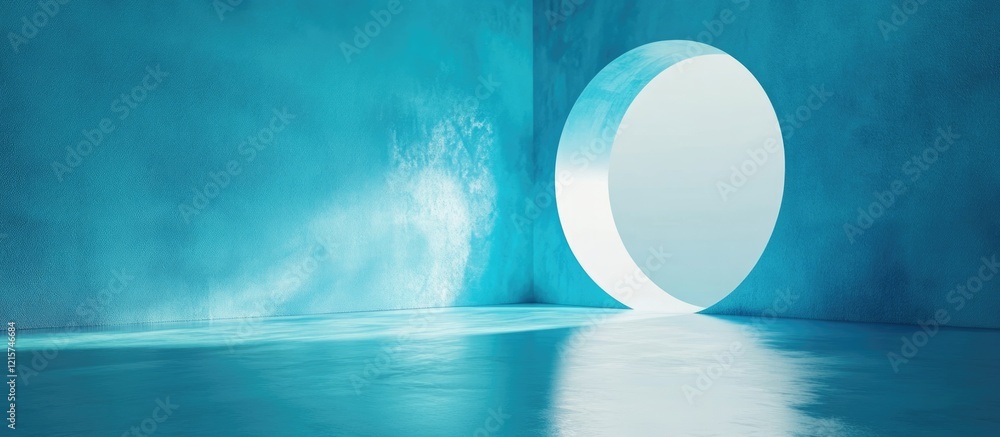 Poster glossy blue cement wall studio backdrop with circular white frame reflecting light for empty text sp