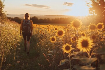 Fototapeta premium Sunset Hike Sunflower Field Golden Hour Photography