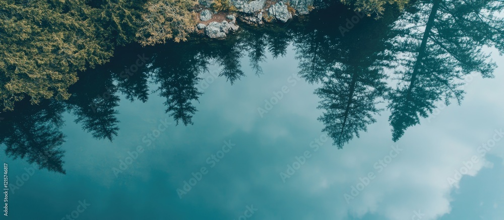 Poster tranquil lake reflection of trees in clear water with serene nature backdrop and ample space for tex