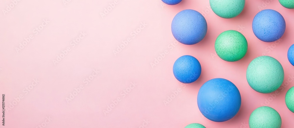 Aufkleber abstract minimalist composition featuring blue and green spheres on a soft pink background with spac