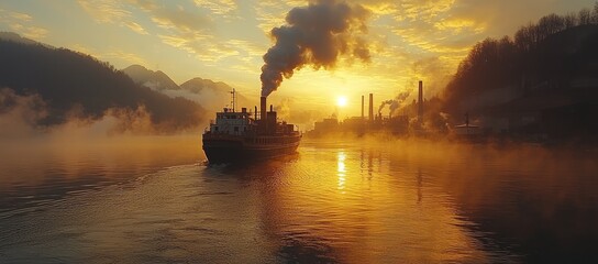 Fototapeta premium Sunrise over industrial river; cargo ship; factory smokestacks; misty morning