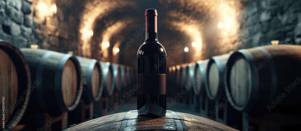 Poster red wine bottle in a rustic wine cellar surrounded by barrels with soft lighting and ample empty spa
