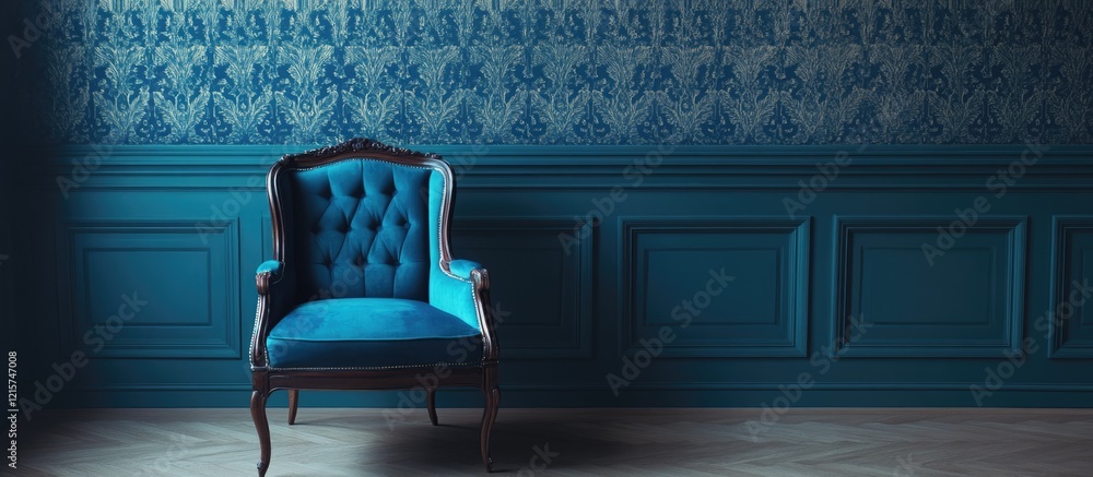 Poster elegant blue chair in vacant room with intricate patterned wallpaper and ample empty space for text 