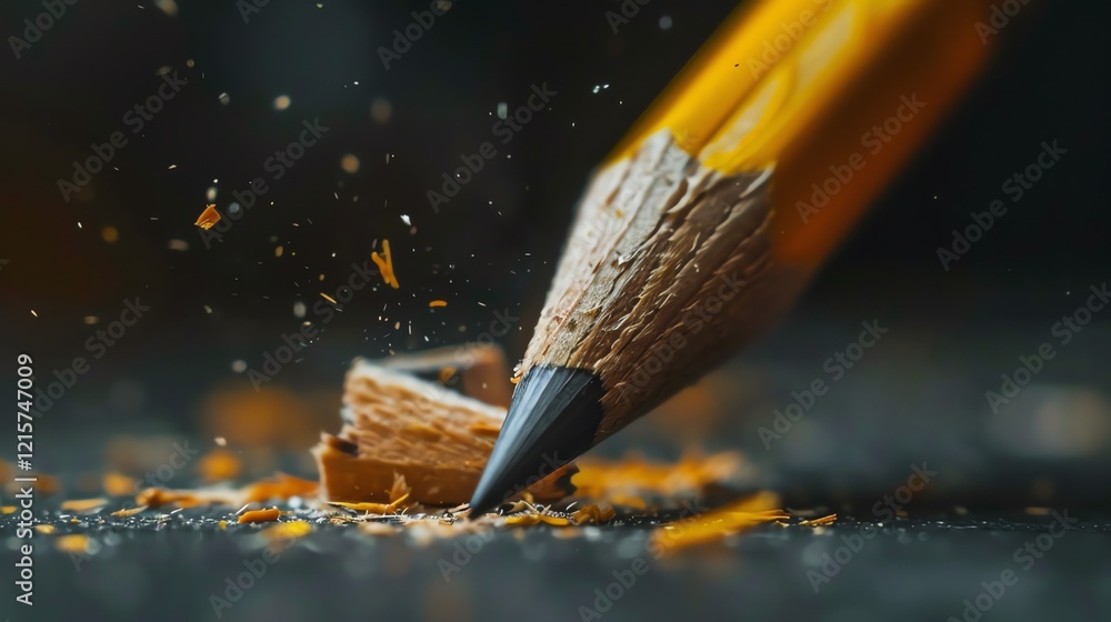Poster a close-up image of a sharpened pencil with a broken tip. the pencil is lying on a dark surface, wit