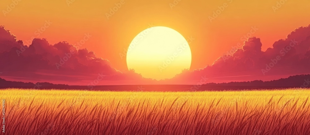 Poster golden wheat field at sunset creating a serene landscape with ample space for text and creative desi