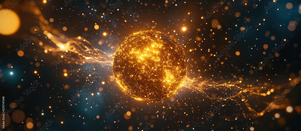 Poster glowing abstract sphere surrounded by cosmic particles in a galaxy with space for text overlay