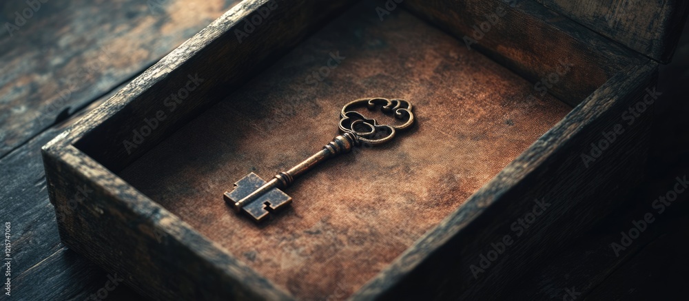 Poster artistic representation of an old key in a vintage box with ample copyspace for text or branding pur