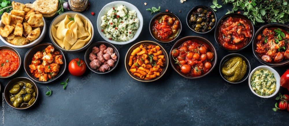 Poster assorted gourmet appetizers displayed on a buffet table with ample empty space for promotional text 