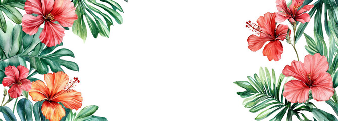 Vibrant tropical flowers with lush greenery border design perfect for invitations or backgrounds on transparency background
