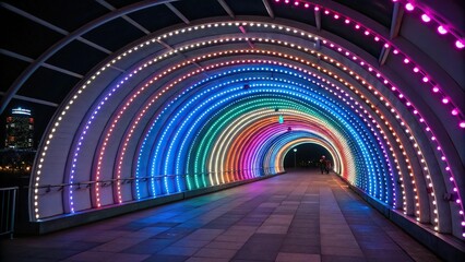 Colorful LED lights creating a hypnotic glow in a futuristic tunnel, hypnosis-inducing light, radiant spectrum, glowing pathway