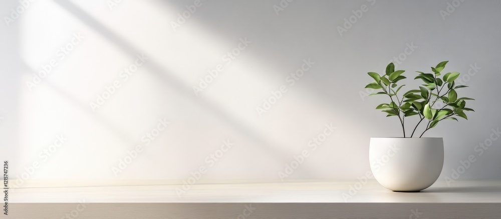 Poster minimalist tabletop display background with potted plant and empty space for text in soft natural li