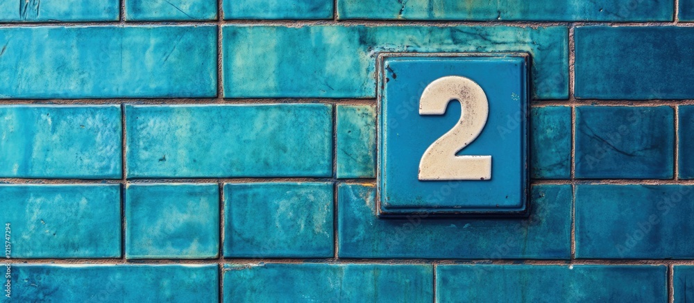 Poster bright blue tile with the number two displayed prominently against a textured wall featuring ample s