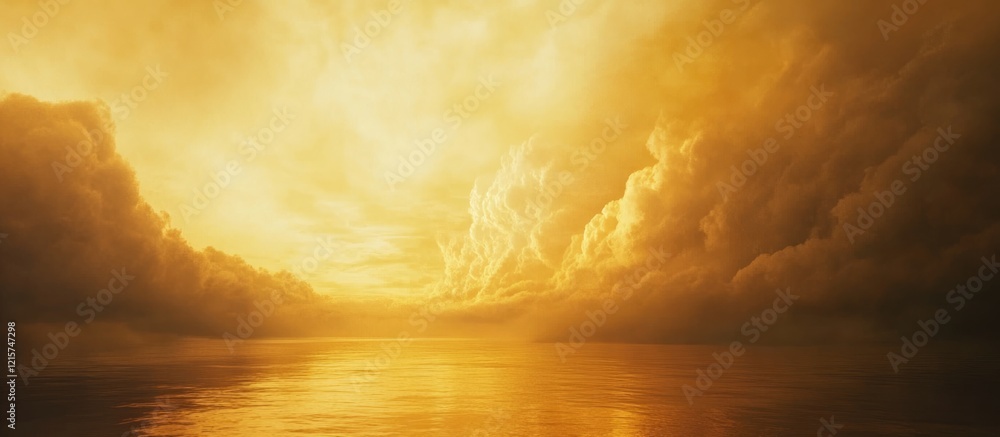 Poster golden sunset over tranquil sea with dramatic clouds and ample empty space for text or graphics show