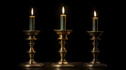 Three antique brass candlesticks with lit candles against a dark background