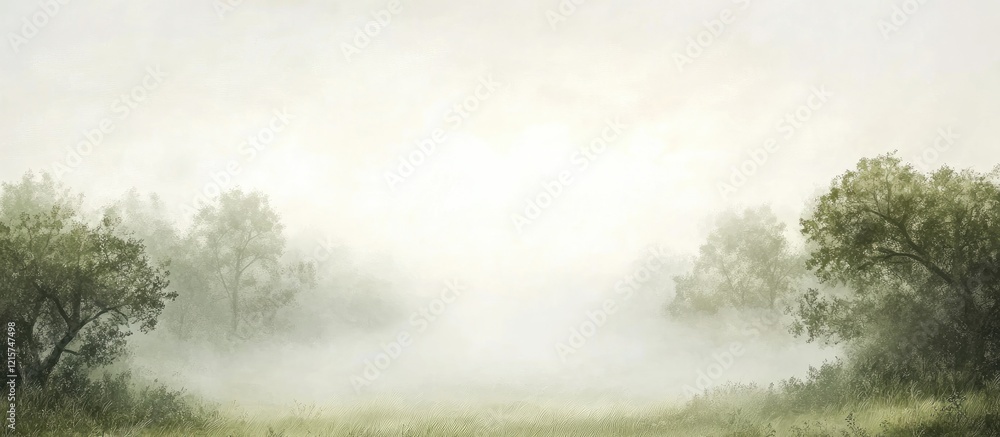 Poster misty landscape with fog enveloping trees creating serene atmosphere and ample space for text or bra