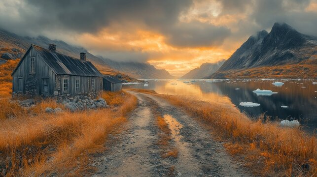 Arctic sunset over fjord, rustic cabin, autumn