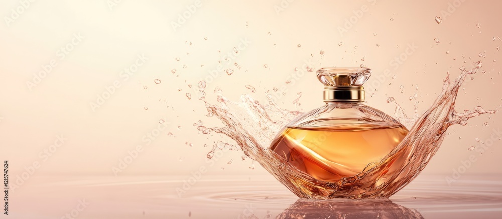 Poster elegant perfume bottle splashing liquid with soft pastel background and ample empty space for creati
