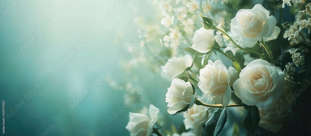 Poster elegant white rose bouquet in a serene setting with soft lighting and ample space for personalized t