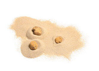 Light beach sand with stones on white background