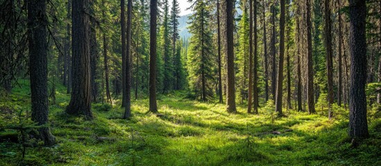 Obraz premium Serene forest landscape with towering fir trees and lush greenery providing ample copy space for text or marketing content
