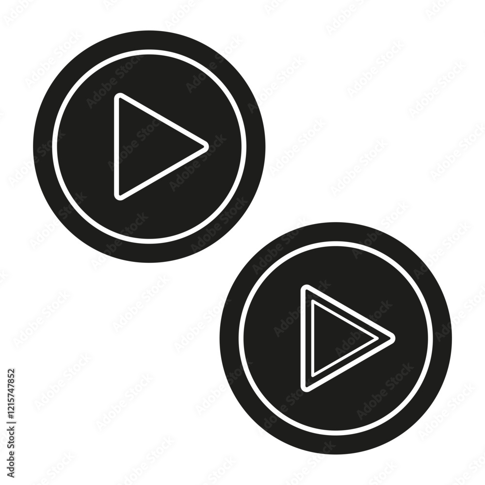Poster play button symbols. minimal vector media shapes. black circle icons. simple video elements.