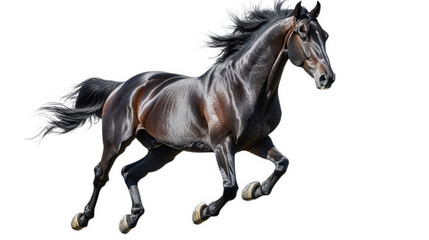 Obraz premium a dynamic of a glossy black horse in mid-gallop. showcasing its powerful physique and flowing mane against a white background the horse's grace and strength. making it suitable for various application