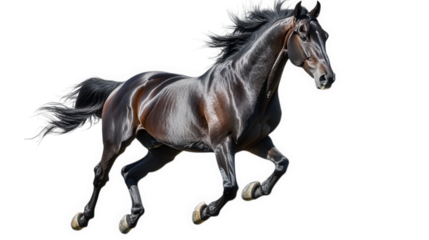 a dynamic of a glossy black horse in mid-gallop. showcasing its powerful physique and flowing mane against a white background the horse's grace and strength. making it suitable for various application