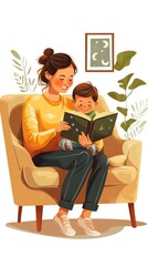 Obraz premium Mother and Son Reading a Book Together on a Comfortable Chair