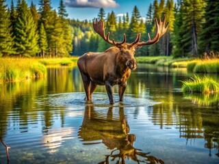Drone Photography: Moose Cooling Down in Pond - Aerial View of Wildlife