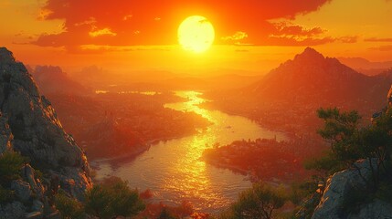 Sunset over coastal city, river valley, mountain landscape.  Perfect for travel brochures
