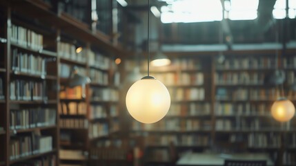 Round frosted glass lamp hangs from the ceiling in a library.