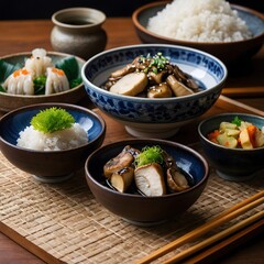 Traditional Japanese Meal with Matsutake Mushrooms, Rice, and Pickles