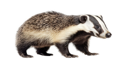 Fototapeta premium side profile of a badger. showcasing its distinctive black and white facial markings and thick fur the animal stands on a white background. emphasizing its features and texture this portrayal highligh