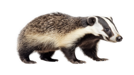 side profile of a badger. showcasing its distinctive black and white facial markings and thick fur the animal stands on a white background. emphasizing its features and texture this portrayal highligh