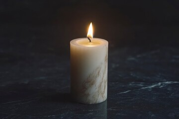 Burning Marble Candle on Dark Surface Peaceful Atmosphere